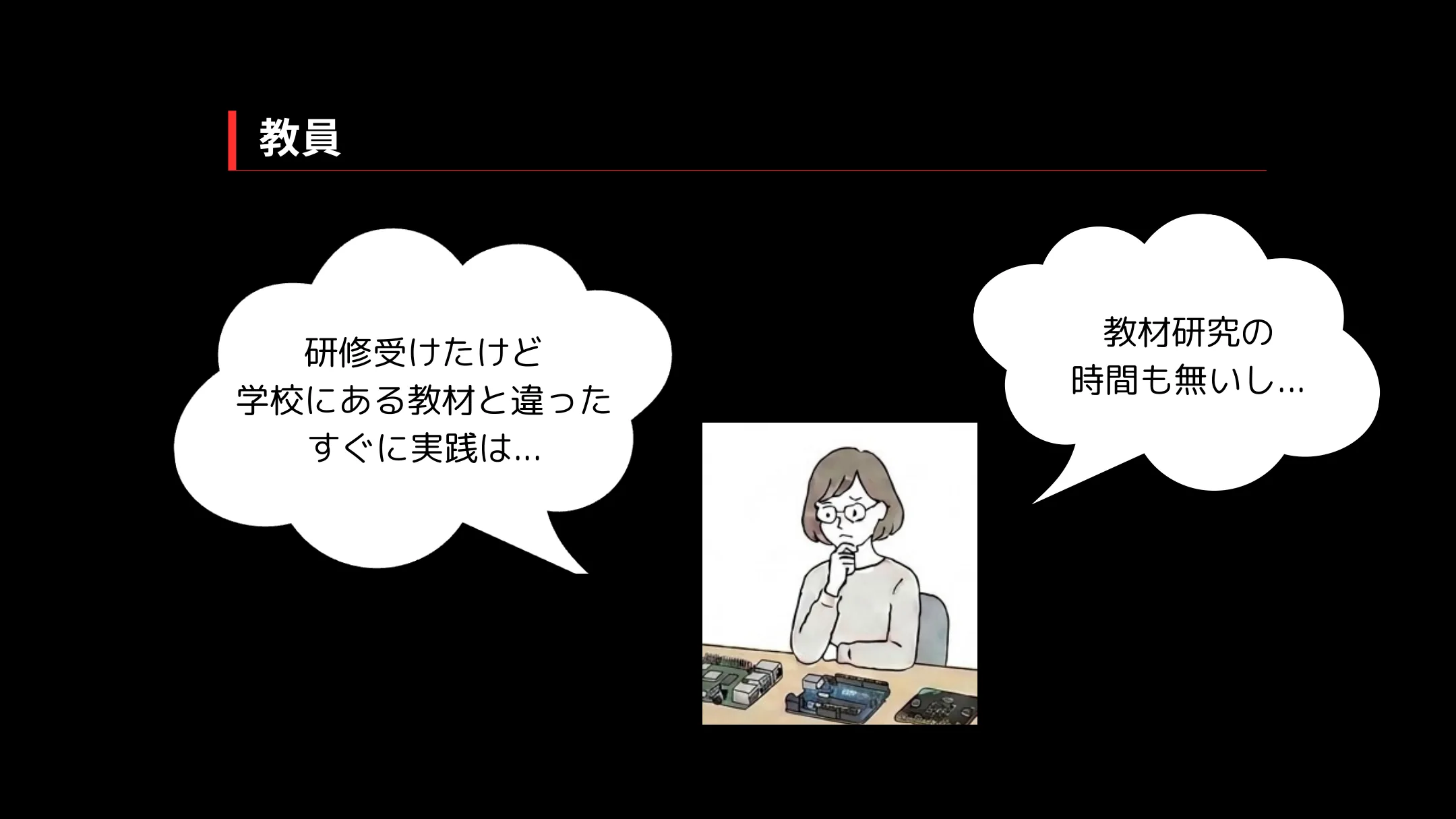 教員の悩み：研修を受けたが学校にある教材と違った、すぐに実践できない、教材研究の時間も無い